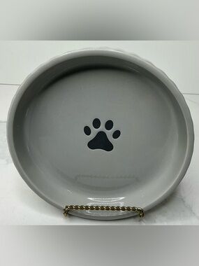 Gray Ceramic Pet Bowl with Black Paw Print